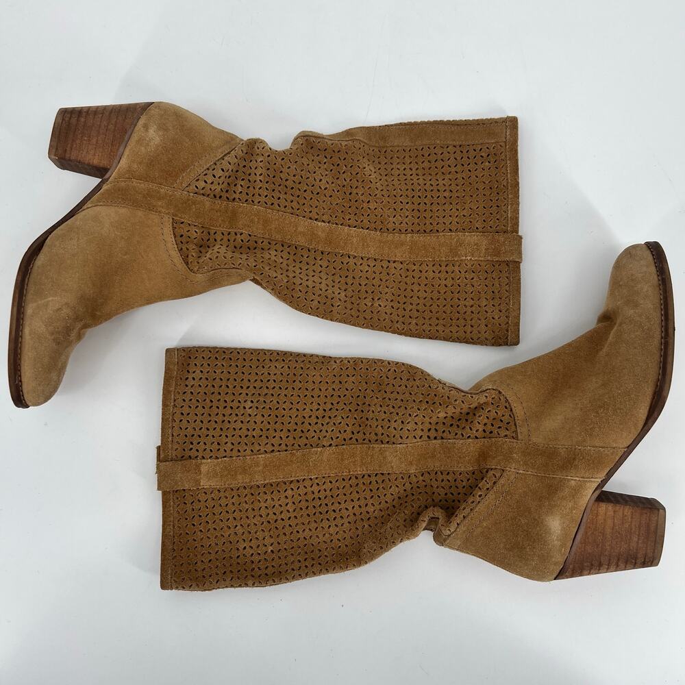 Perforated Tan Suede Leather Boots Womens EU 36 US 6 Slouchy Mid Calf Spain READ - Picture 5 of 9